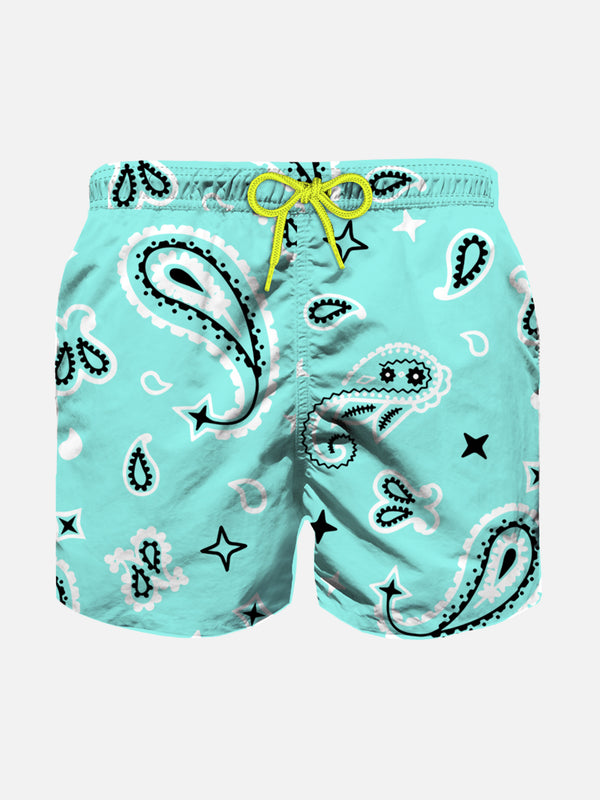 Boy water green swim shorts with bandanna pattern