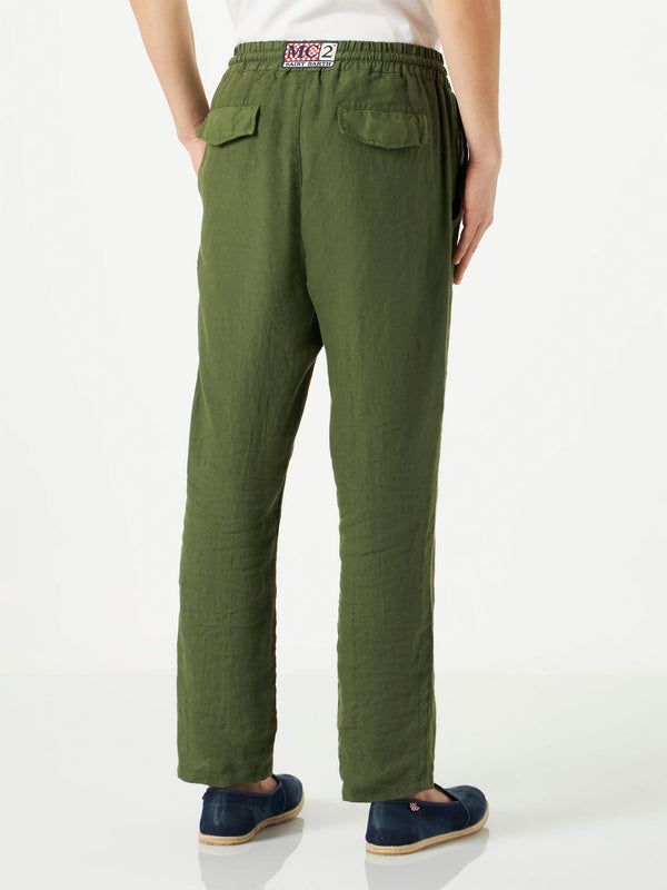 Pantalone da uomo in lino verde militare