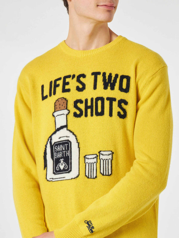 Man yellow sweater with Life's two shots lettering
