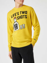 Man yellow sweater with Life's two shots lettering