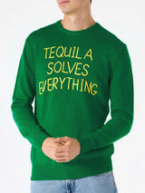 Man green sweater with Tequila solves everything embroidery