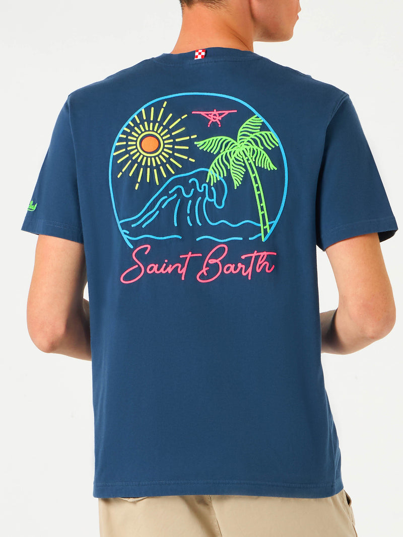 Man cotton t-shirt with St. Barth wave and palm print