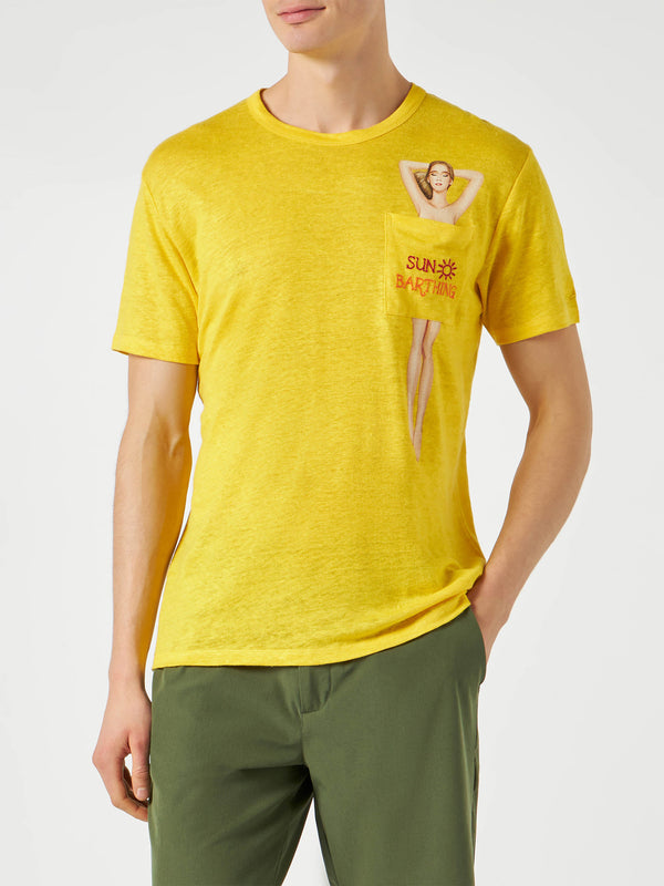 Yellow linen man t-shirt with printed pocket