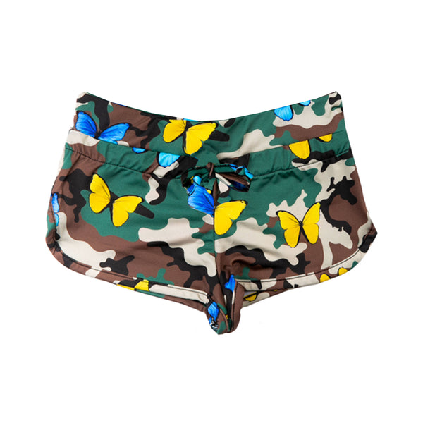 Pantaloncini da spiaggia da bambina con stampa mimetica e farfalla