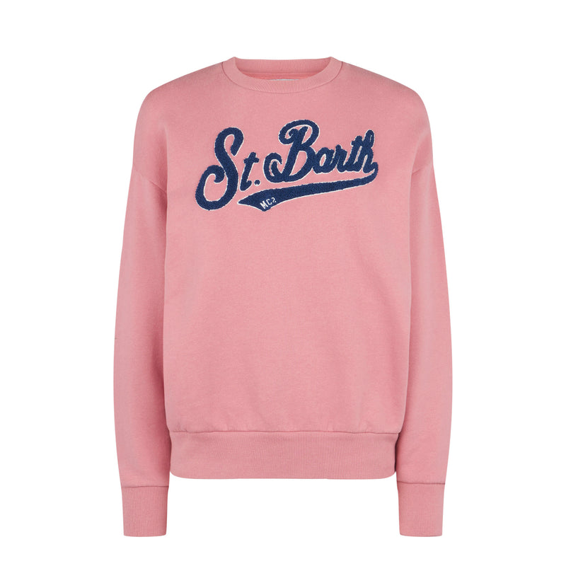 Woman pink fleece sweatshirt with terry logo