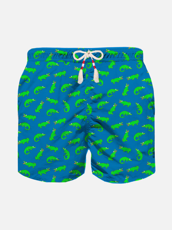 Boy bluette swim shorts with green alligator print
