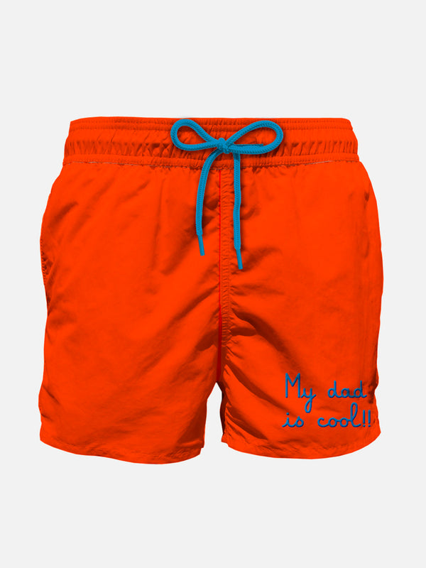 Boy swim shorts with My dad is cool embroidery