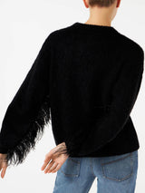 Woman black brushed crewneck sweater with fringe