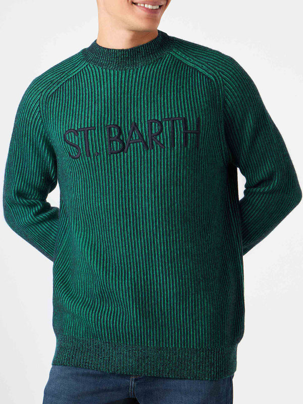 Man green half-turtleneck ribbed sweater