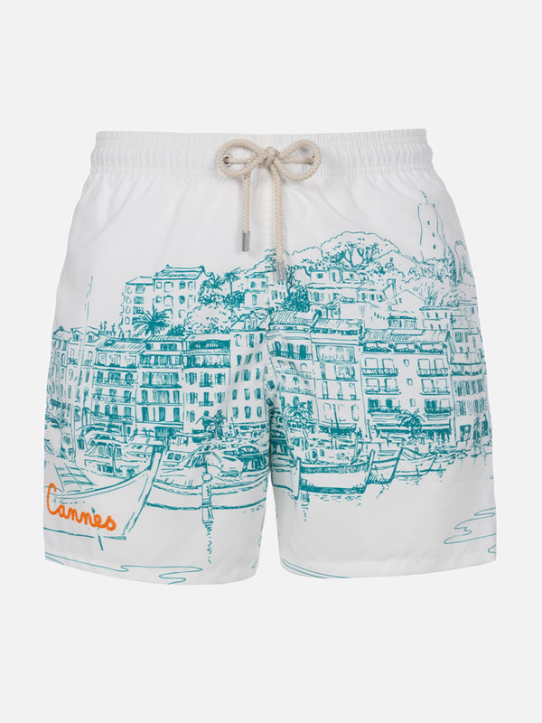 Man mid-length Gustavia swim-shorts with Cannes placed print