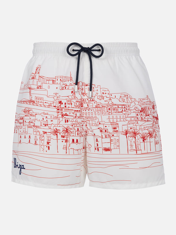 Man mid-length Gustavia swim-shorts with Ibiza placed print