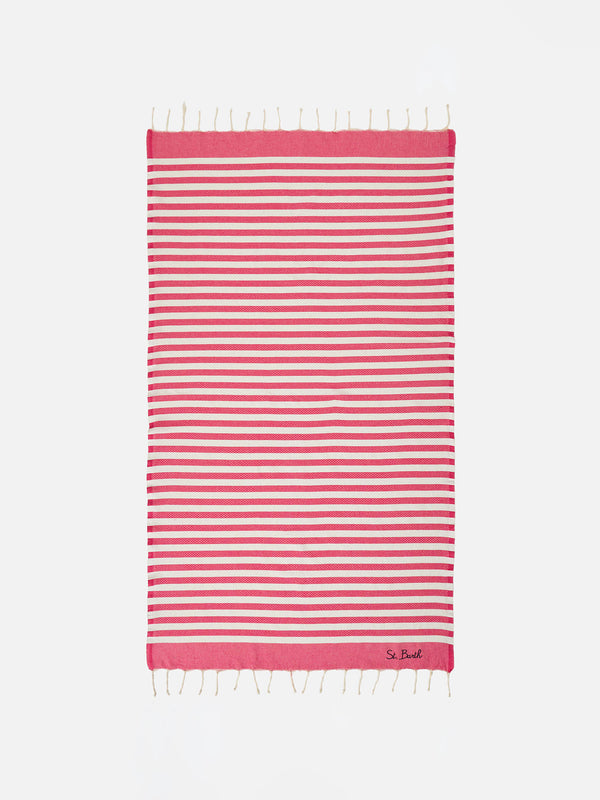 Asciugamano a righe bianche e rosa doppiato con spugna
