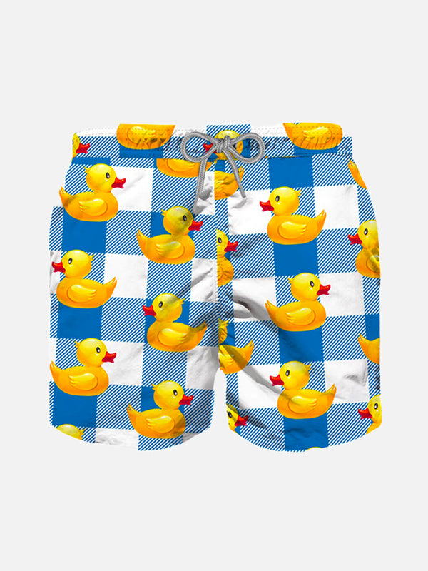 Boy swim shorts with gingham with ducky print