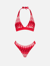 Multicolor red chevron knitted triangle bikini