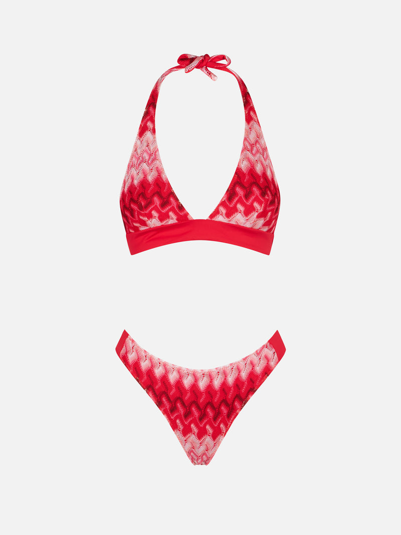Bikini a triangolo rosso multicolore in maglia chevron