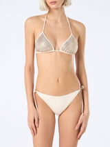 Woman triangle beige bikini with rhinestones