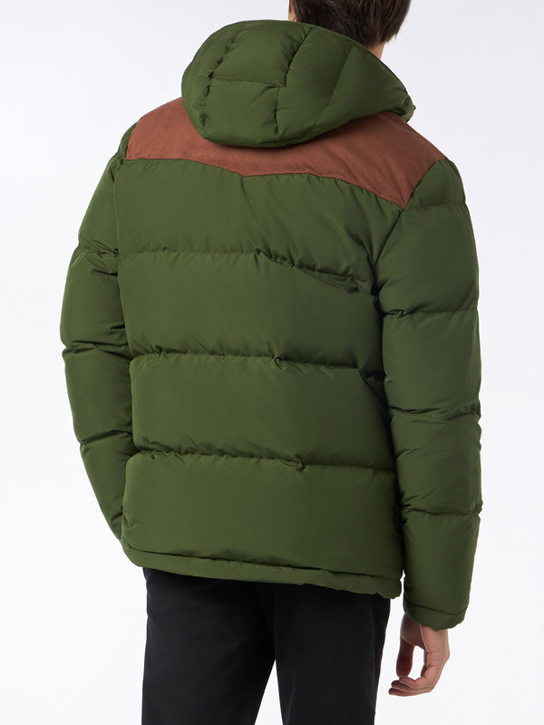 Man hooded down military green jacket