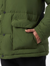 Man hooded down military green jacket