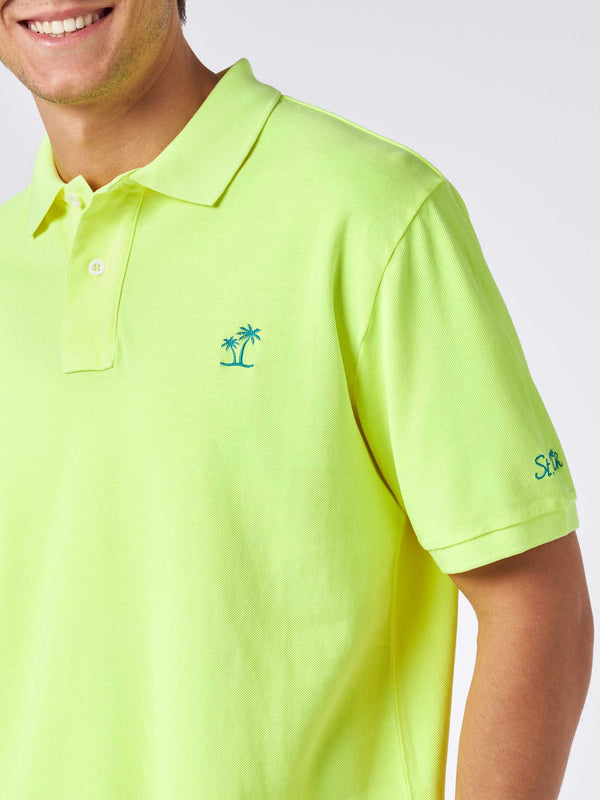 Man fluo yellow piquet polo with St. Barth logo and vintage effect