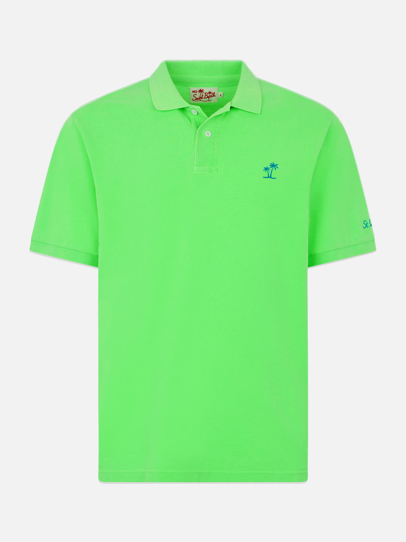 Man fluo green piquet polo with St. Barth logo and vintage effect