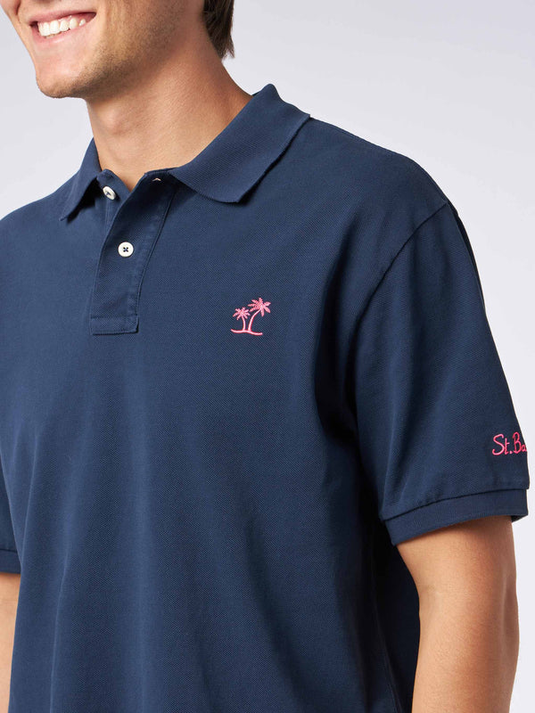 Man blue piquet polo with St. Barth logo and vintage effect