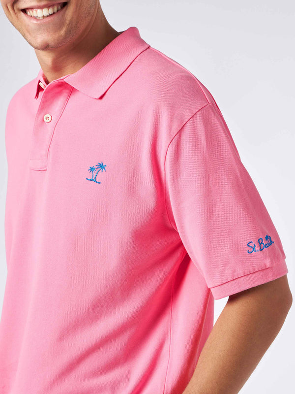 Man pink piquet polo with St. Barth logo and vintage effect