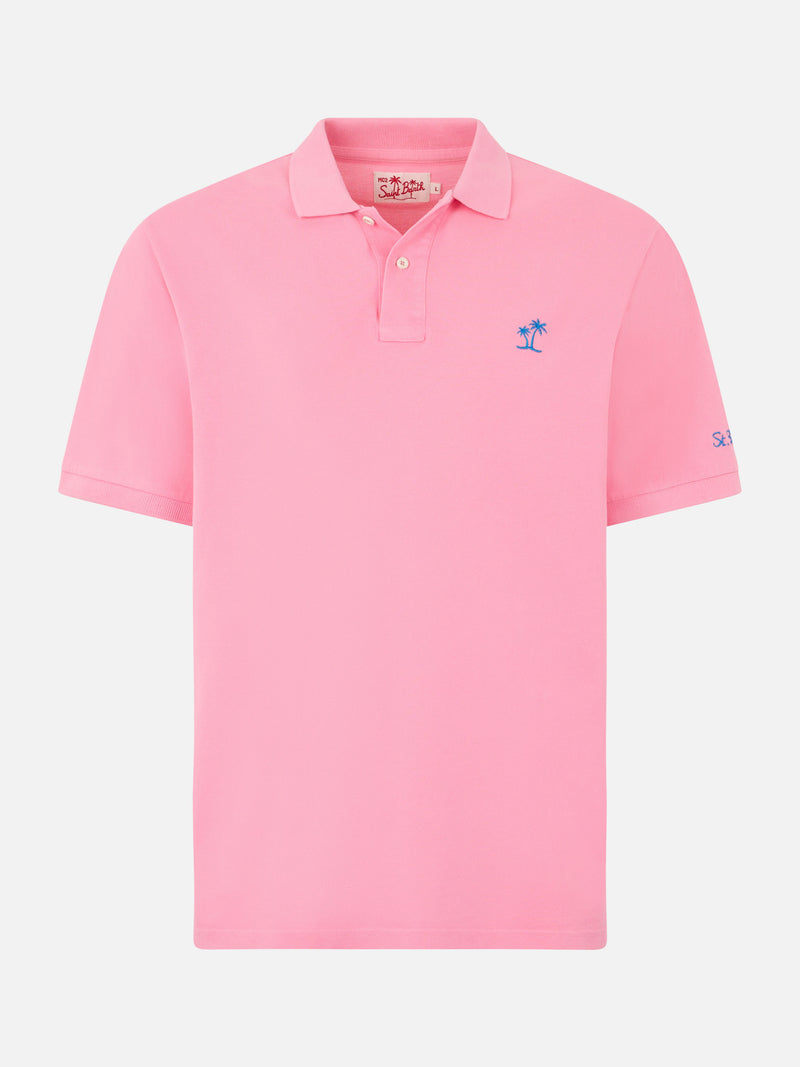Man pink piquet polo with St. Barth logo and vintage effect