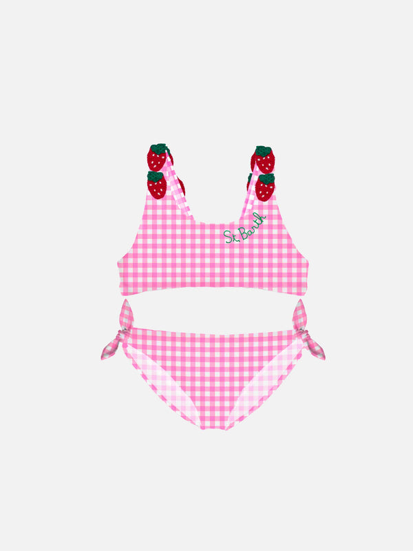 Bikini da bambina stampa vichy rosa con fragola applicata
