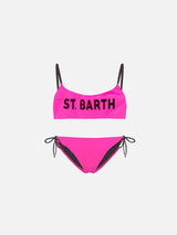Bikini da bambina a bralette con grafica frontale St. Barth