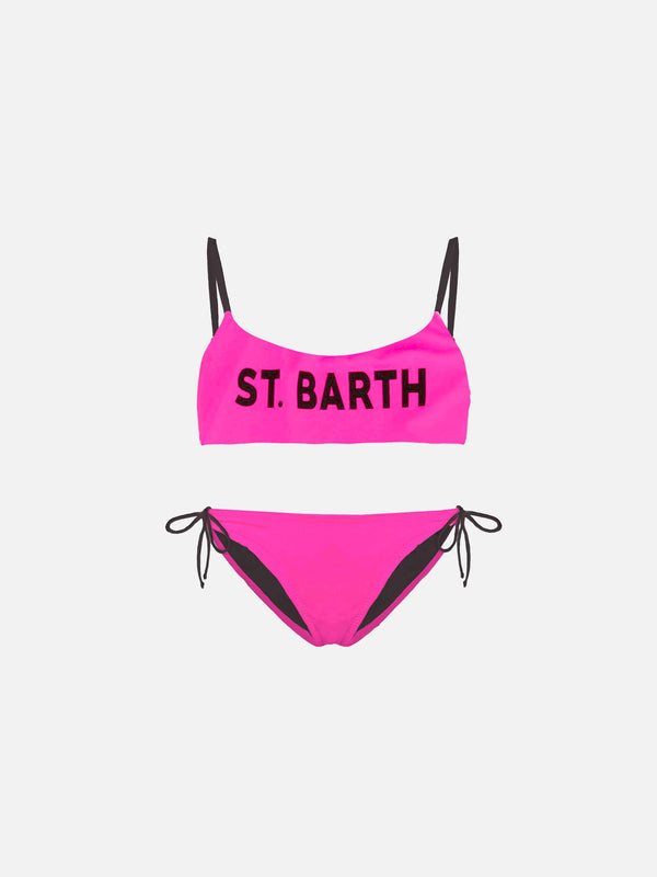 Bikini da bambina a bralette con grafica frontale St. Barth