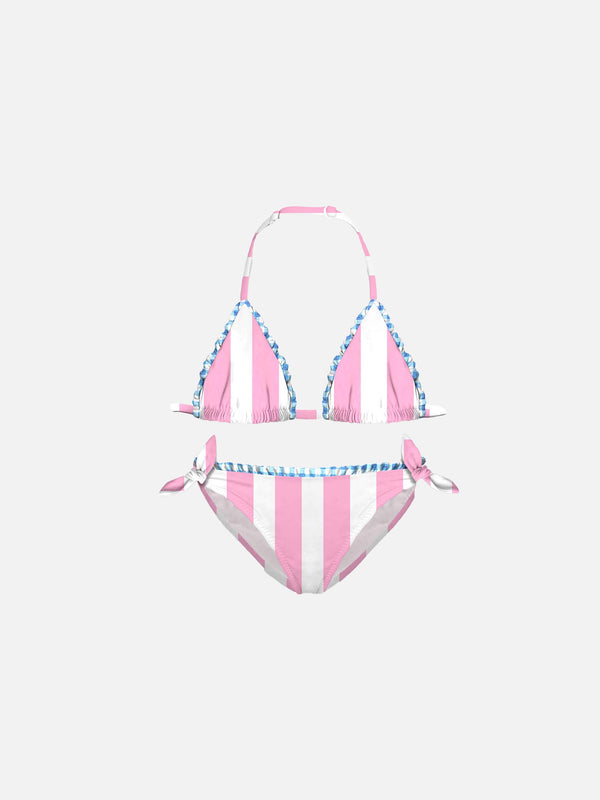 Bikini da bambina a righe bianche e rosa