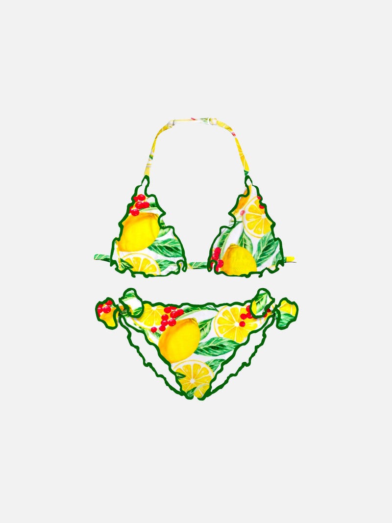 Bikini da bambina a triangolo con stampa limoni
