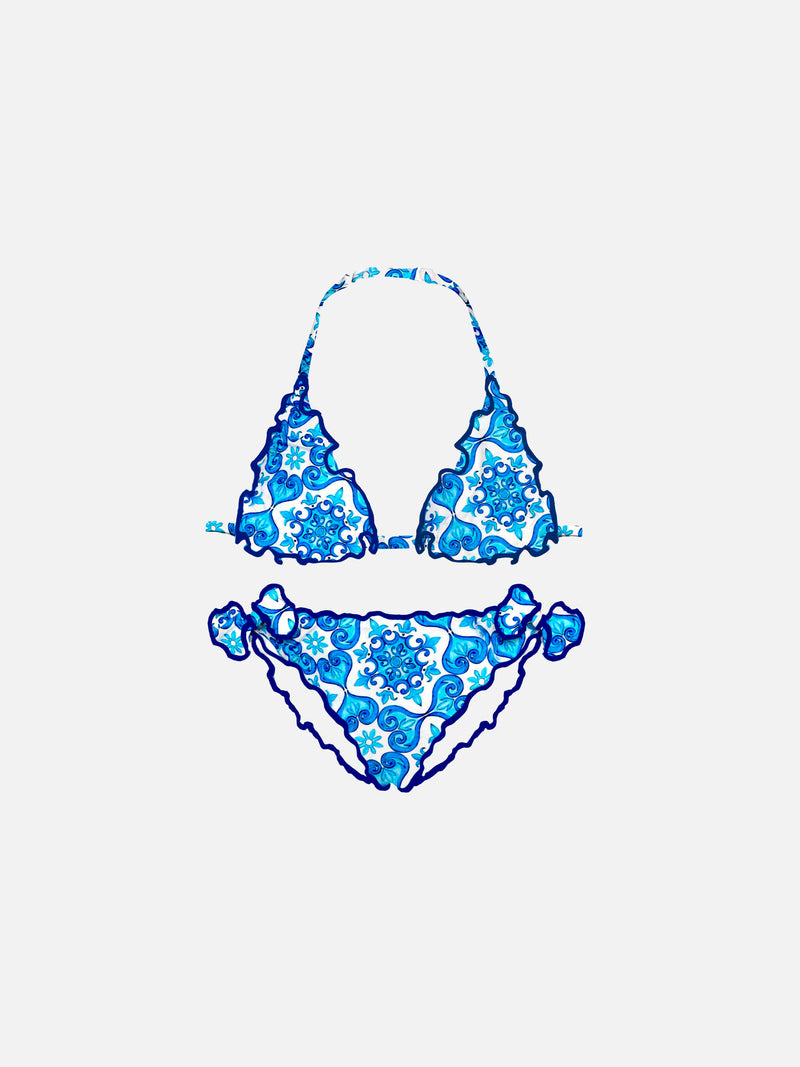 Girl triangle bikini with majolica print