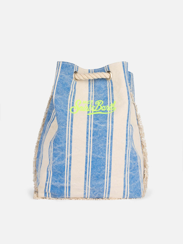 Rucksack aus Bootssegeltuch mit weißen und hellblauen Streifen