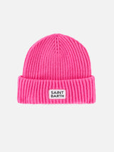 Woman fluo pink ribbed beanie with Saint Barth label