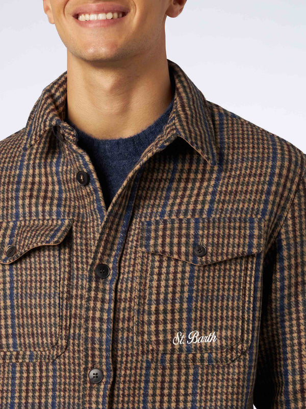 Camicia da uomo in Principe di Galles di lana con tasche e toppe