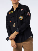 Man wooly blue overshirt with pockets and patches
