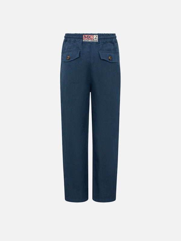 Boy navy blue linen Calais Jr pants with drawstring
