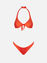 Glänzender orangefarbener Bikini mit Triangel-Oberteil