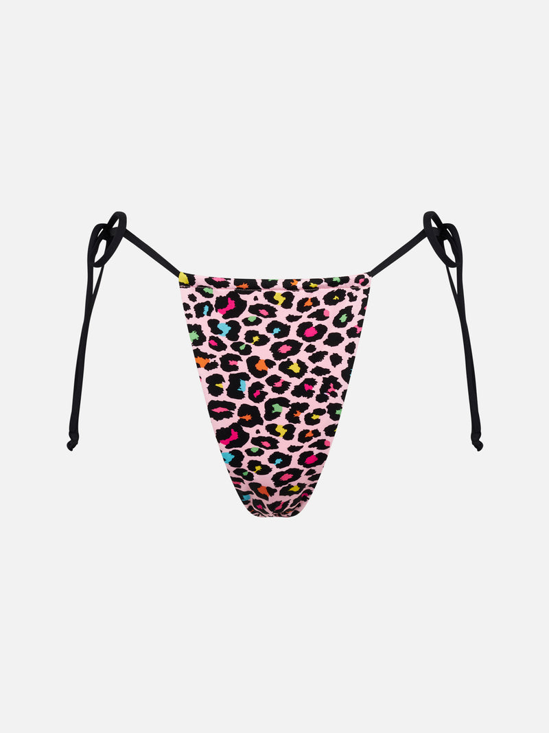Woman string swim briefs with leopard print