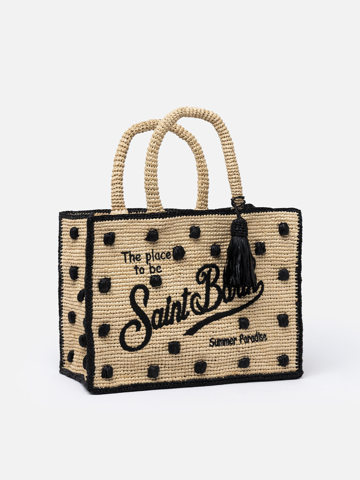 Natural beige Colette Raffia handbag with polka dot appliqués 