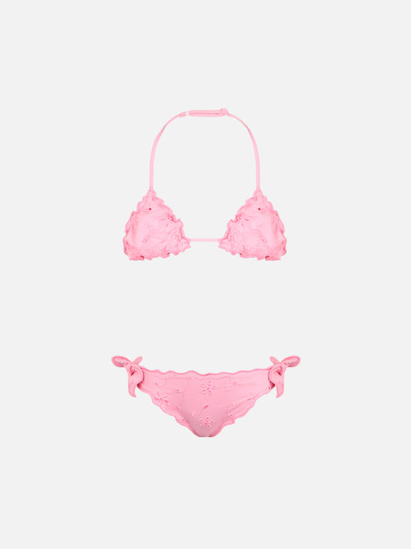 Rosafarbener klassischer Triangel-Bikini Cris für Mädchen mit Sangallo-Stickerei