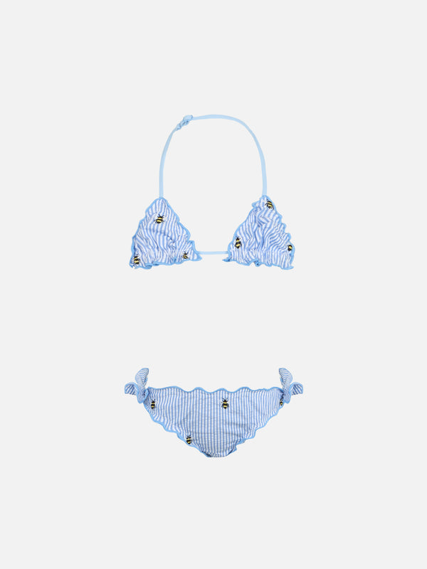 Girl seersucker classic triangle bikini Cris with bee embroidery