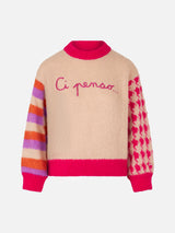 Woman boxy shape soft sweater with Ci penso embroidery