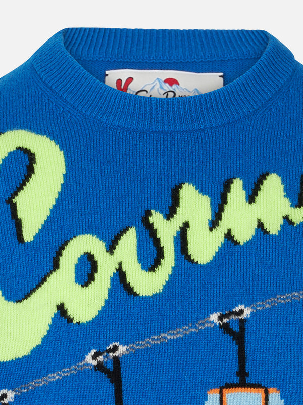 Boy crewneck sweater with Courma cable postcard jacquard print