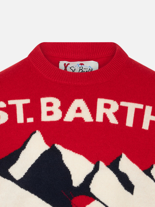Boy crewneck sweater with St. Barth Ski Club postacard jacquard print