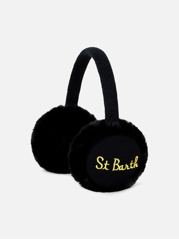 Woman black tricot earmuffs with furry details