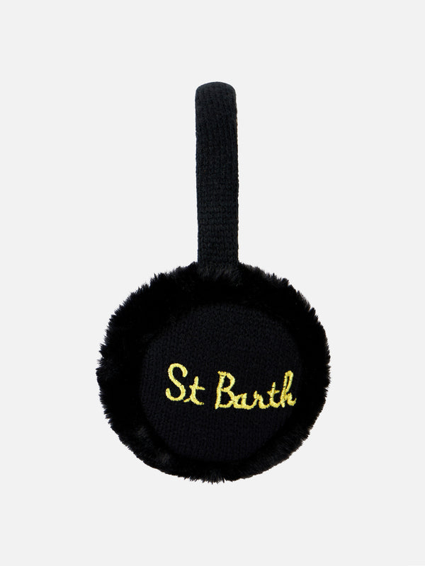 Woman black tricot earmuffs with furry details
