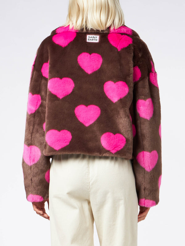 Woman furry short jacket with heart print