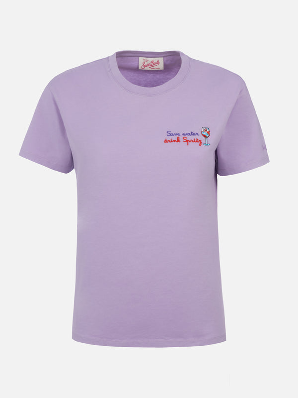T-shirt da donna girocollo Emilie in jersey di cotone con ricamo Save water drink Spritz